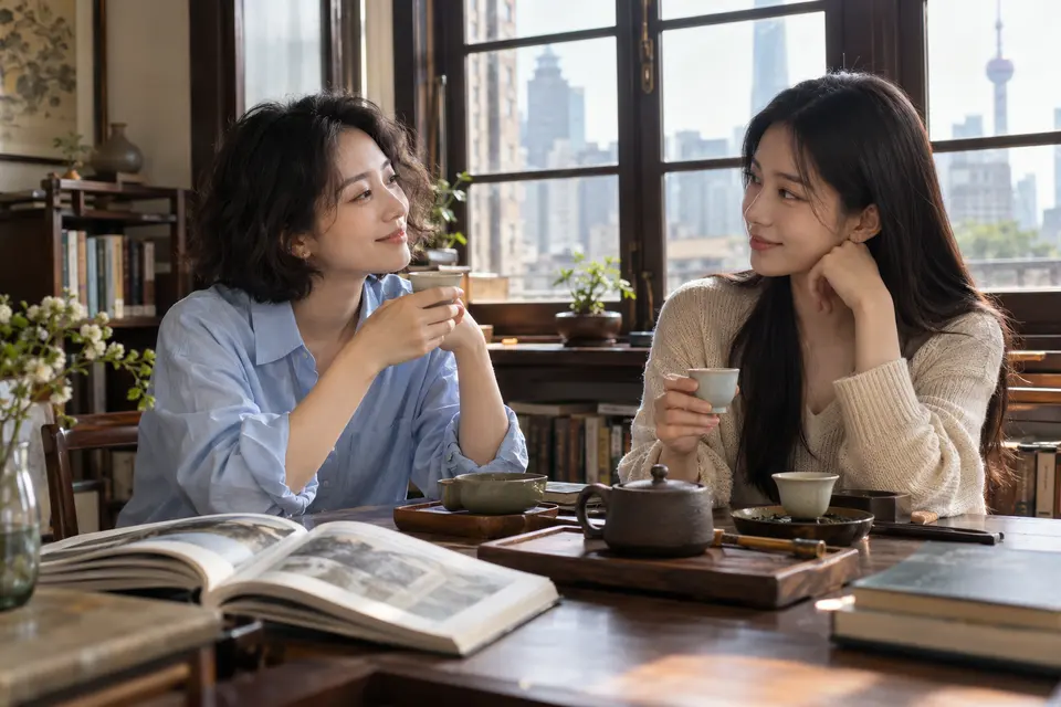 上海城市茶文化交流场景，茶席上摆放茶具与读物，几位年轻女性围坐交谈