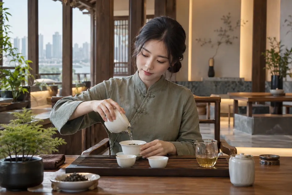 新中式盖碗冲泡场景，茶席上摆放盖碗与茶则