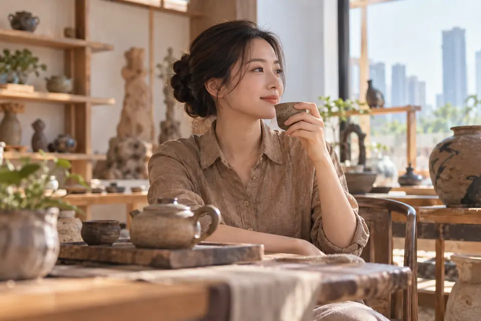 陶艺茶器工作室内摆放的手作茶杯与陶器